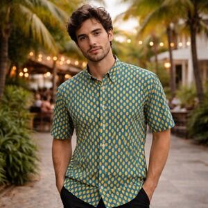 Vintage Norman Traditionals Blue Yellow Polka Dot Button Down Shirt Tapered M